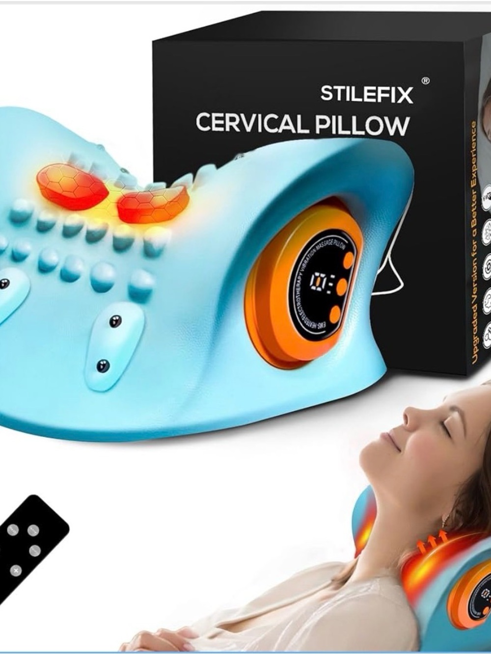 NEW STILEFIX Cervical Neck Massage Pillow - Light Blue with Orange Accents
